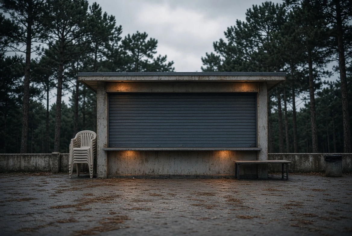 Image d'ambiance : un kiosque de camping au rideau baissé, chaises empilées