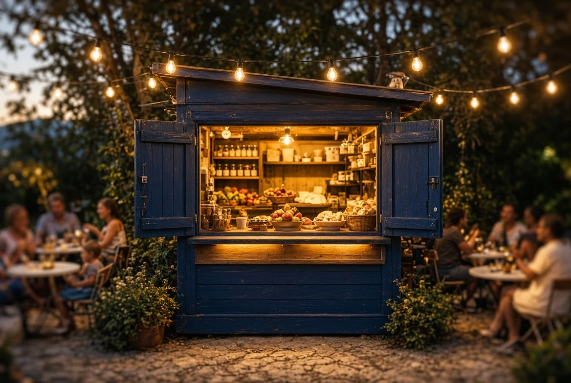 Image d'ambiance : un kiosque de camping ouvert, terrasse pleine au crépuscule